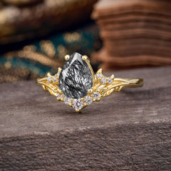 Nature and Moon-Inspired 4-Prong Pear-Cut Natural Black Rutilated Quartz Engagement Ring