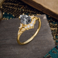 Nature and Moon-Inspired 4-Prong Pear-Cut Natural Black Rutilated Quartz Engagement Ring