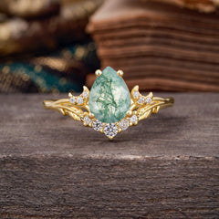 Nature and Moon-Inspired 4-Prong Pear-Cut Natural Moss Agate Engagement Ring