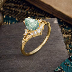 Nature and Moon-Inspired 4-Prong Pear-Cut Natural Moss Agate Engagement Ring