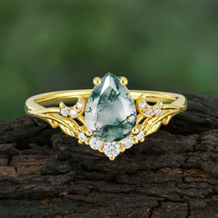 Nature and Moon-Inspired 4-Prong Pear-Cut Natural Moss Agate Engagement Ring