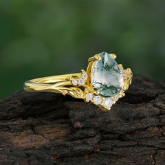 Nature and Moon-Inspired 4-Prong Pear-Cut Natural Moss Agate Engagement Ring