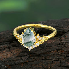 Nature and Moon-Inspired 4-Prong Pear-Cut Natural Moss Agate Engagement Ring