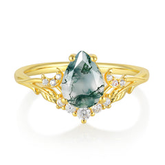 Nature and Moon-Inspired 4-Prong Pear-Cut Natural Moss Agate Engagement Ring