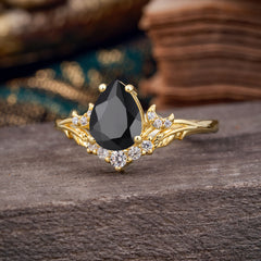 Nature and Moon-Inspired 4-Prong Pear-Cut Natural Black Onyx Engagement Ring
