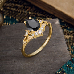 Nature and Moon-Inspired 4-Prong Pear-Cut Natural Black Onyx Engagement Ring
