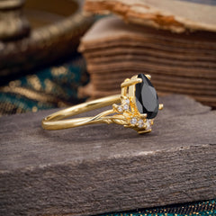 Nature and Moon-Inspired 4-Prong Pear-Cut Natural Black Onyx Engagement Ring