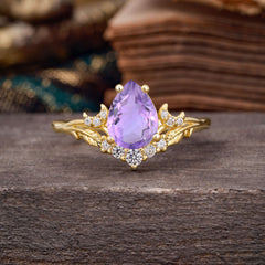 Nature and Moon-Inspired 4-Prong Pear-Cut Natural Amethyst Engagement Ring
