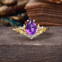 Nature and Moon-Inspired 4-Prong Pear-Cut Natural Amethyst Engagement Ring