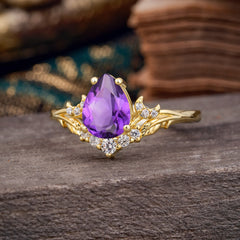 Nature and Moon-Inspired 4-Prong Pear-Cut Natural Amethyst Engagement Ring