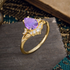 Nature and Moon-Inspired 4-Prong Pear-Cut Natural Amethyst Engagement Ring