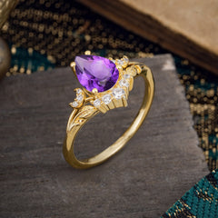 Nature and Moon-Inspired 4-Prong Pear-Cut Natural Amethyst Engagement Ring