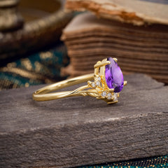 Nature and Moon-Inspired 4-Prong Pear-Cut Natural Amethyst Engagement Ring