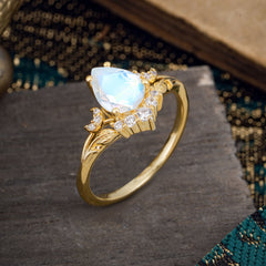 Nature and Moon-Inspired 4-Prong Pear-Cut Natural Moonstone Engagement Ring