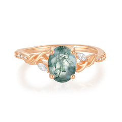 Fashion-Forward Oval Lab Diamond Alternative - Luxury 4-Prong Natural Moss Agate Engagement Ring