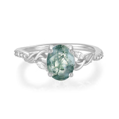 Fashion-Forward Oval Lab Diamond Alternative - Luxury 4-Prong Natural Moss Agate Engagement Ring
