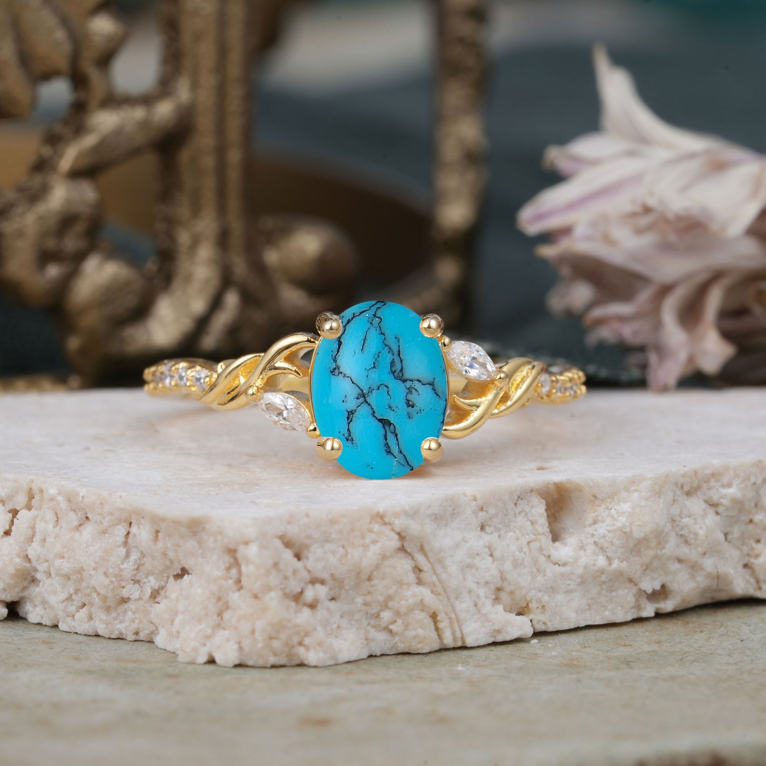 Fashion-Forward Luxury 4-Prong Oval Cut Turquoise Engagement Ring