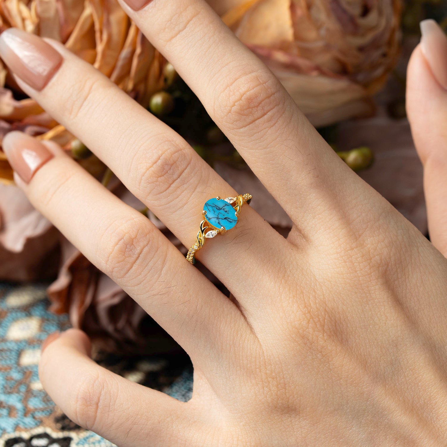 Fashion-Forward Luxury 4-Prong Oval Cut Turquoise Engagement Ring