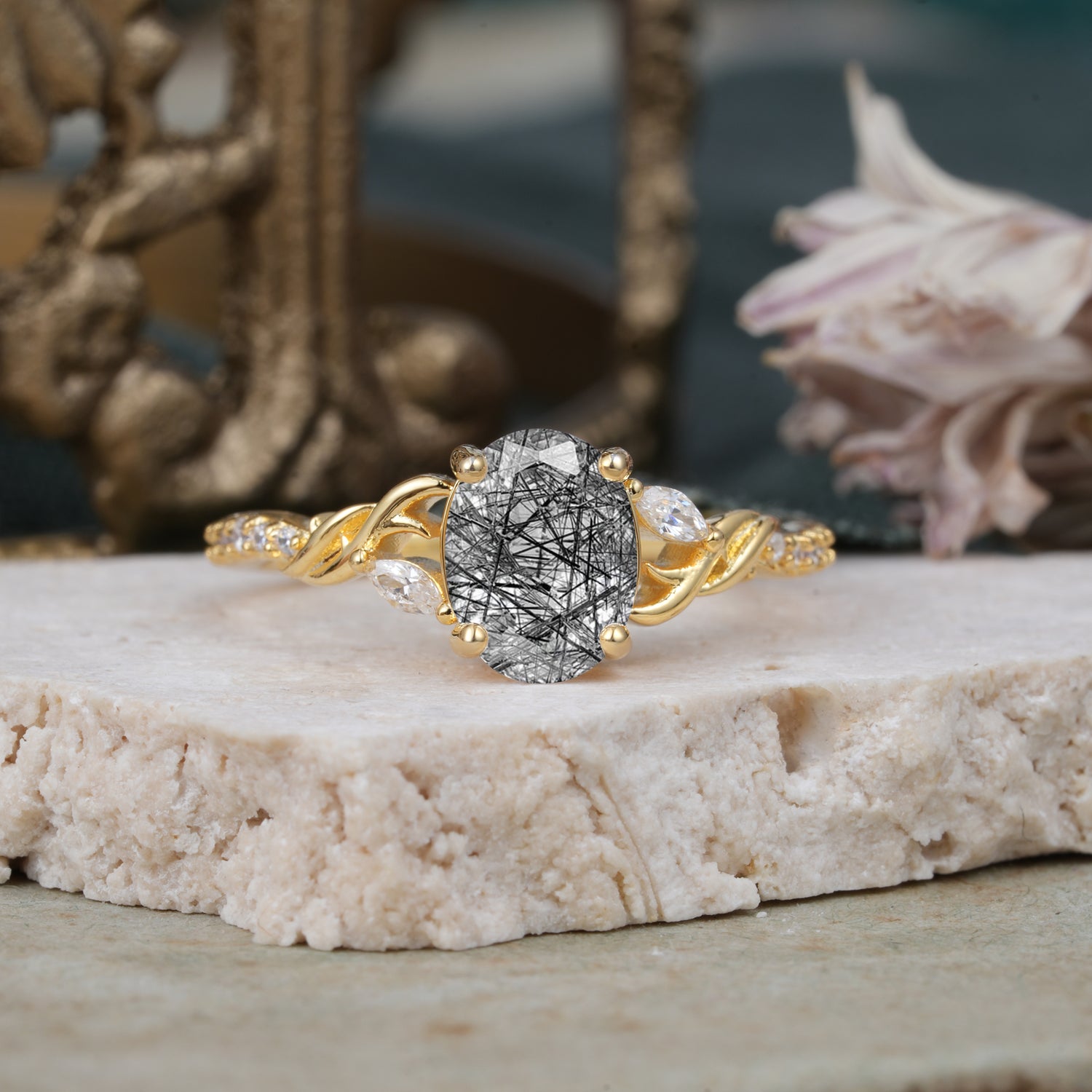 Fashion-Forward Luxury 4-Prong Oval Cut Black Rutilated Quartz Engagement Ring