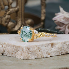 Fashion-Forward Oval Lab Diamond Alternative - Luxury 4-Prong Natural Moss Agate Engagement Ring