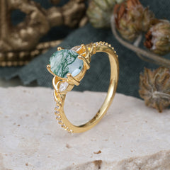 Fashion-Forward Oval Lab Diamond Alternative - Luxury 4-Prong Natural Moss Agate Engagement Ring