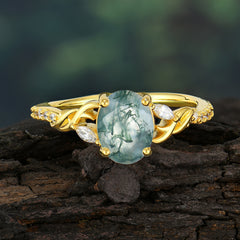 Fashion-Forward Oval Lab Diamond Alternative - Luxury 4-Prong Natural Moss Agate Engagement Ring