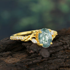 Fashion-Forward Oval Lab Diamond Alternative - Luxury 4-Prong Natural Moss Agate Engagement Ring