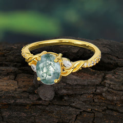 Fashion-Forward Oval Lab Diamond Alternative - Luxury 4-Prong Natural Moss Agate Engagement Ring