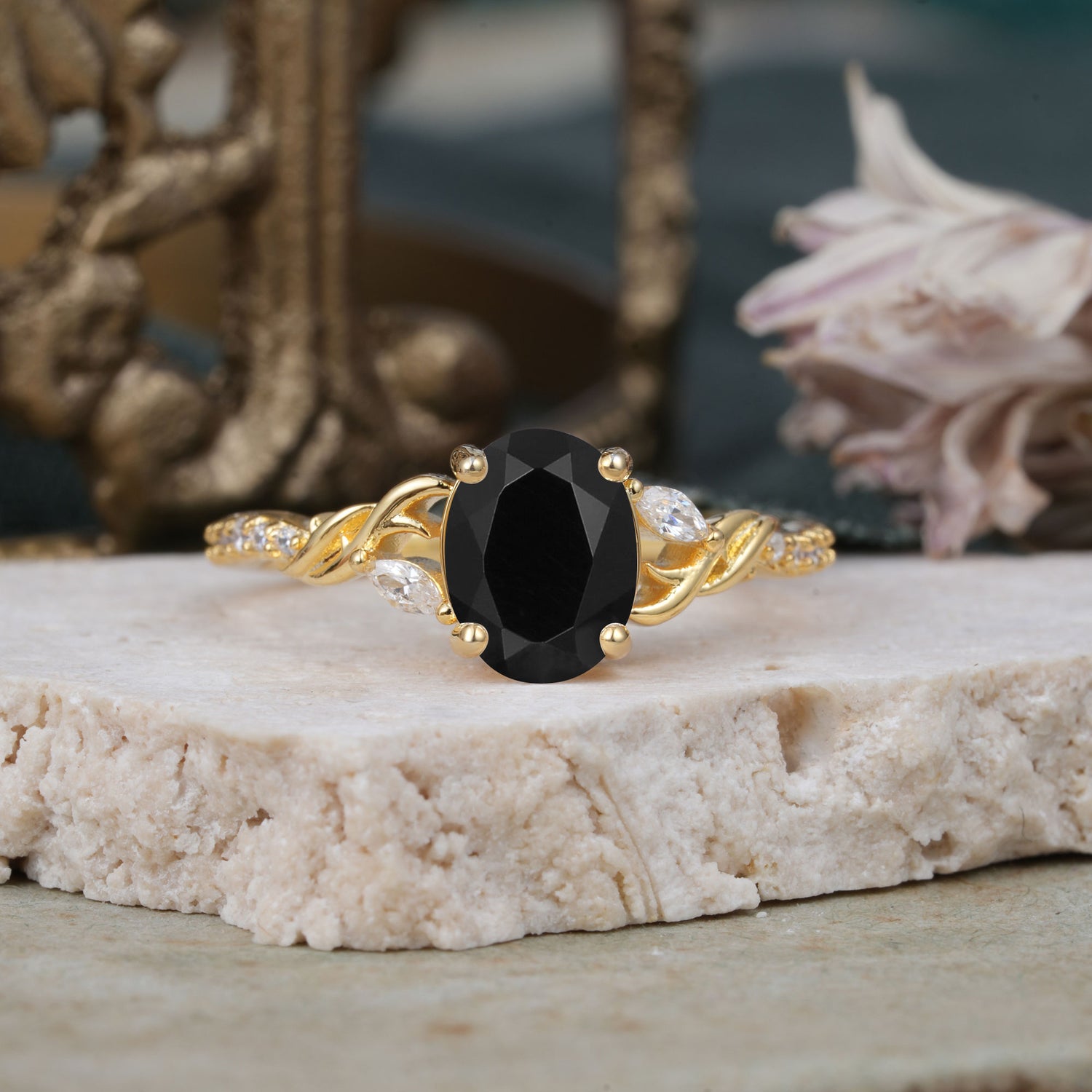 Fashion-Forward Luxury 4-Prong Oval Cut Black Onyx Engagement Ring