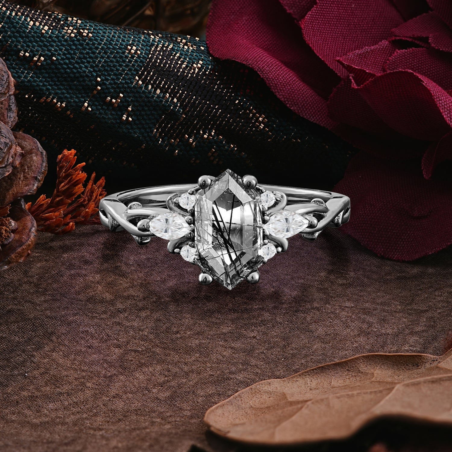 Halloween Limited-Luxurious Natural Inspiration 5-Prong Gothic Hexagon Cut Black Rutilated Quartz Ring