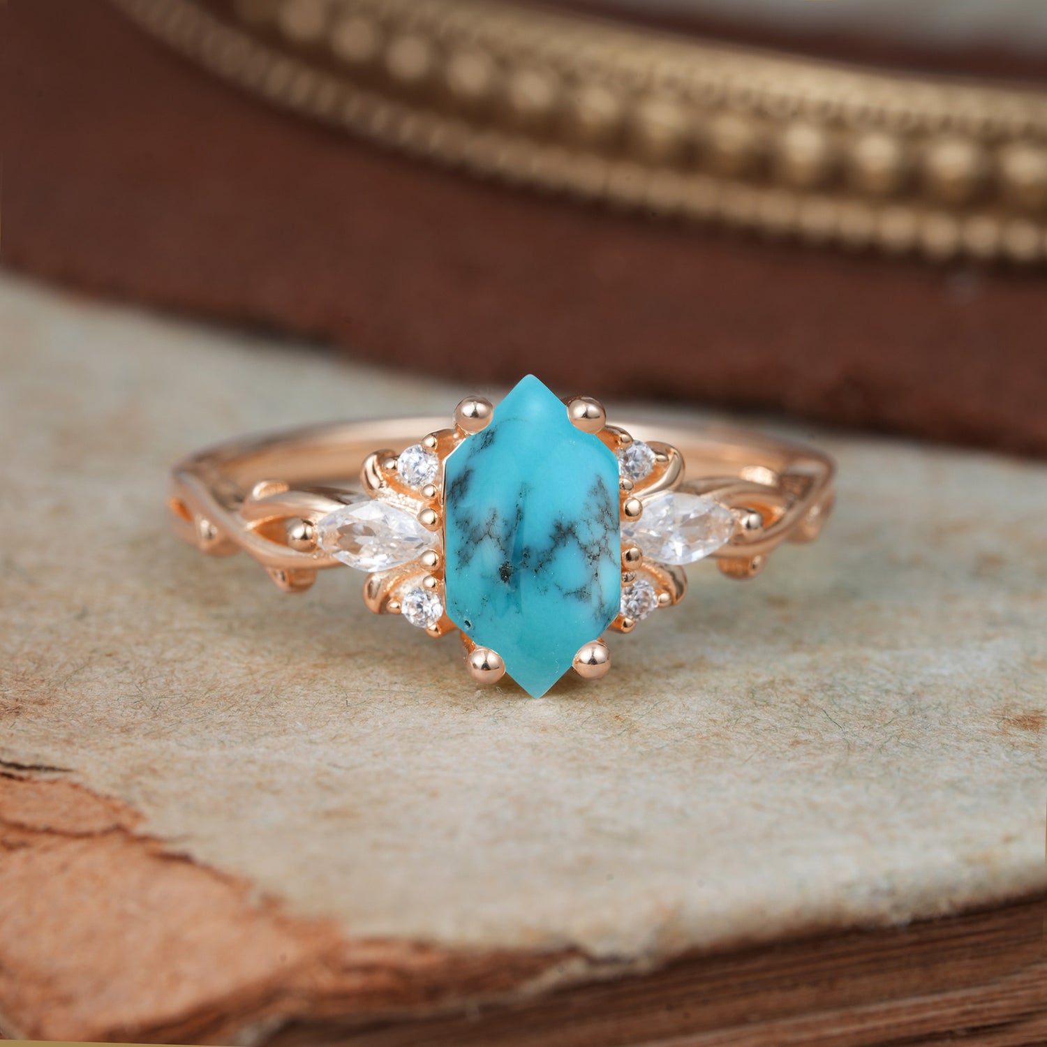 Nature-Inspired Classic 4-Prong Hexagonal-Cut Turquoise Engagement Ring