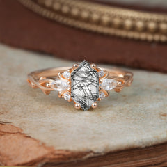 Nature-Inspired Classic 4-Prong Hexagonal-Cut Black Rutilated Quartz Engagement Ring