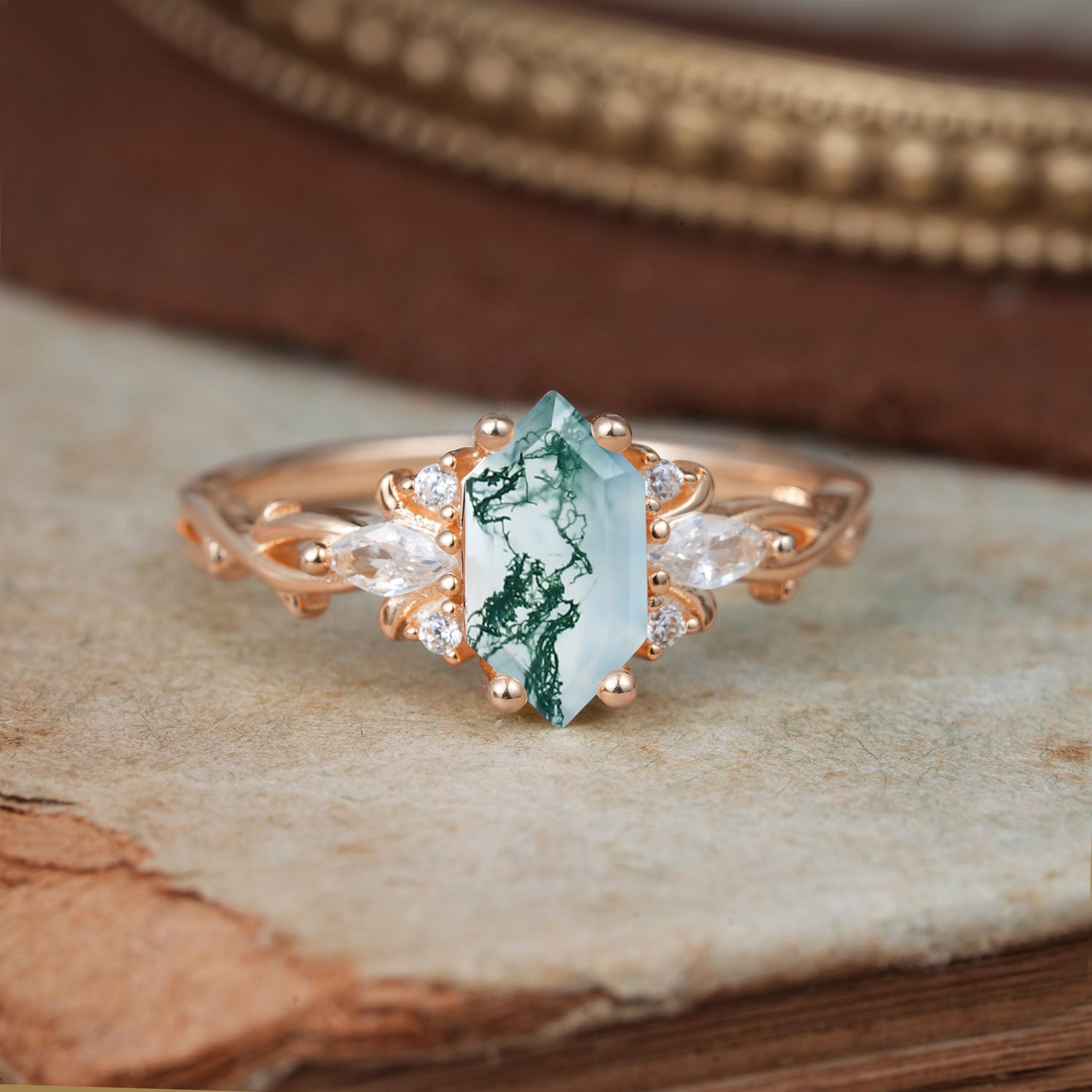 Nature-Inspired Classic 4-Prong Hexagonal-Cut Moss Agate Engagement Ring