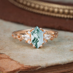 Nature-Inspired Classic 4-Prong Hexagonal-Cut Moss Agate Engagement Ring