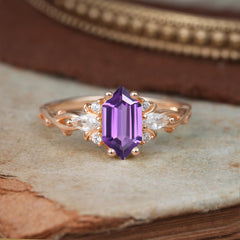 Nature-Inspired Classic 4-Prong Hexagonal-Cut Amethyst Engagement Ring