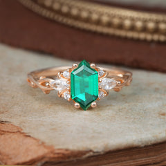 Nature-Inspired Classic 4-Prong Hexagonal-Cut Emerald Engagement Ring