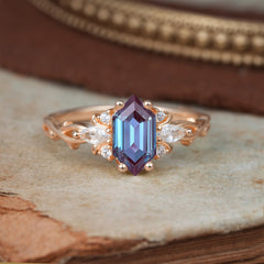 Nature-Inspired Classic 4-Prong Hexagonal-Cut Alexandrite Engagement Ring
