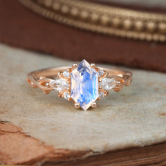 Nature-Inspired Classic 4-Prong Hexagonal-Cut Moonstone Engagement Ring