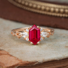 Nature-Inspired Classic 4-Prong Hexagonal-Cut Ruby Engagement Ring
