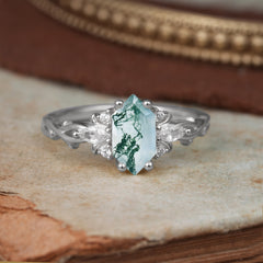 Nature-Inspired Classic 4-Prong Hexagonal-Cut Moss Agate Engagement Ring