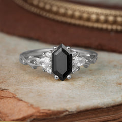 Nature-Inspired Classic 4-Prong Hexagonal-Cut Black Onyx Engagement Ring