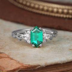 Nature-Inspired Classic 4-Prong Hexagonal-Cut Emerald Engagement Ring