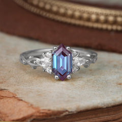 Nature-Inspired Classic 4-Prong Hexagonal-Cut Alexandrite Engagement Ring