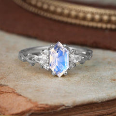 Nature-Inspired Classic 4-Prong Hexagonal-Cut Moonstone Engagement Ring