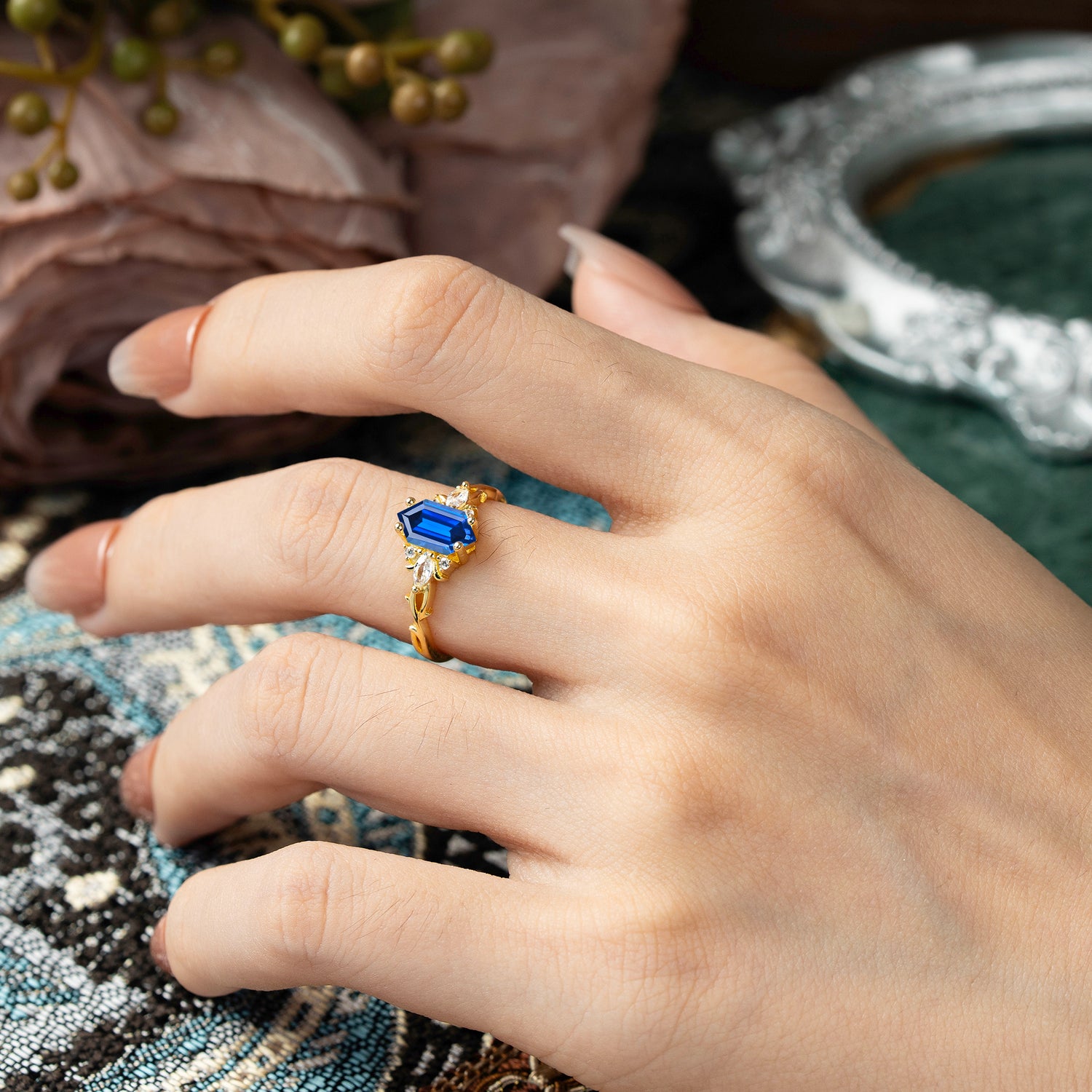 Nature-Inspired Classic 4-Prong Hexagonal-Cut Sapphire Engagement Ring