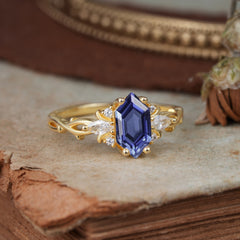 Nature-Inspired Classic 4-Prong Hexagonal-Cut Tanzanite Engagement Ring