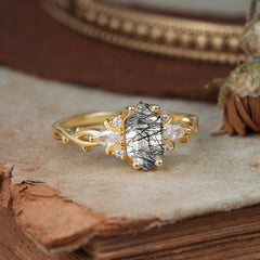Nature-Inspired Classic 4-Prong Hexagonal-Cut Black Rutilated Quartz Engagement Ring