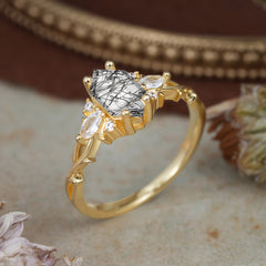 Nature-Inspired Classic 4-Prong Hexagonal-Cut Black Rutilated Quartz Engagement Ring