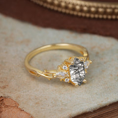Nature-Inspired Classic 4-Prong Hexagonal-Cut Black Rutilated Quartz Engagement Ring