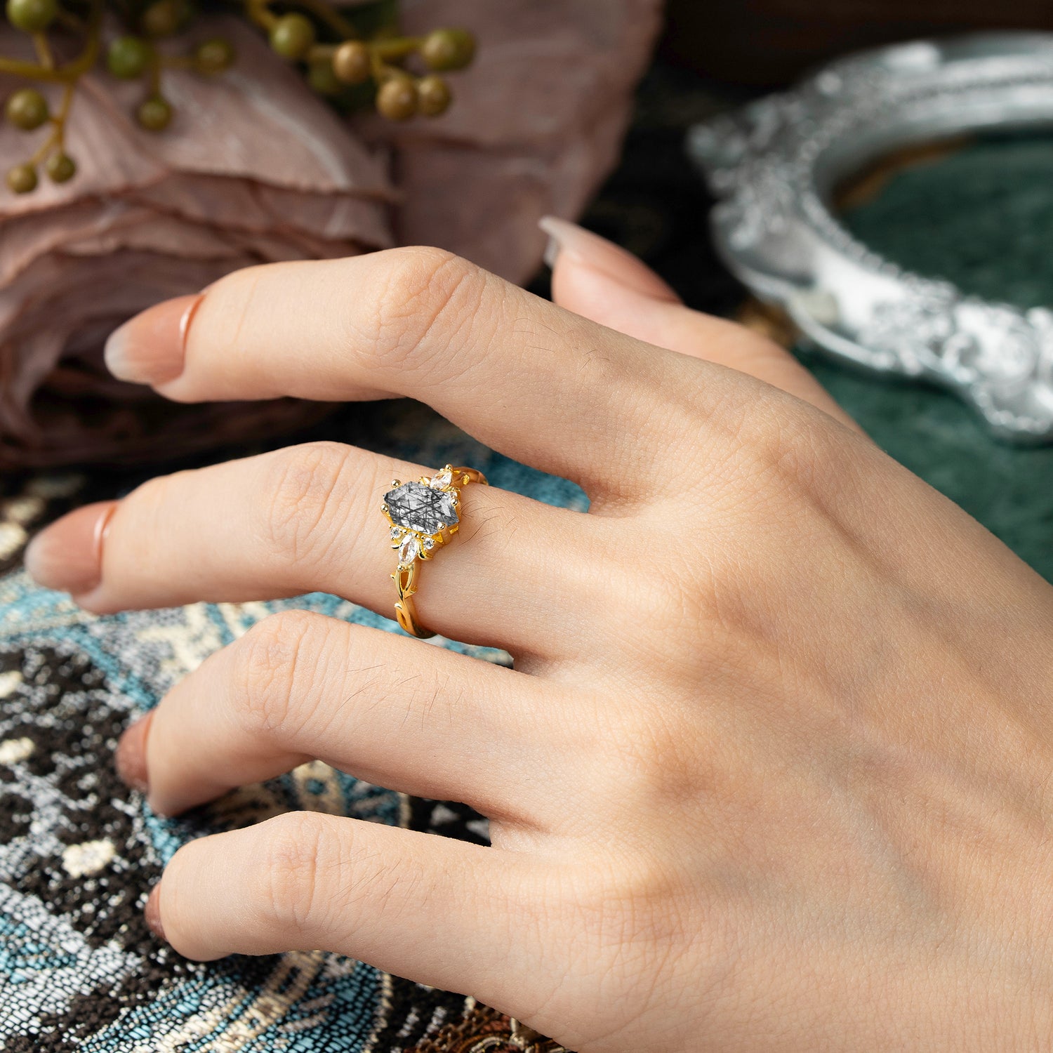 Nature-Inspired Classic 4-Prong Hexagonal-Cut Black Rutilated Quartz Engagement Ring